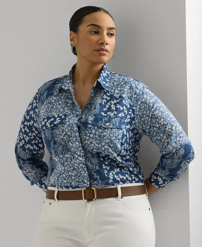 Lauren Ralph Lauren Plus Size Cotton Floral Patchwork Shirt In Blue