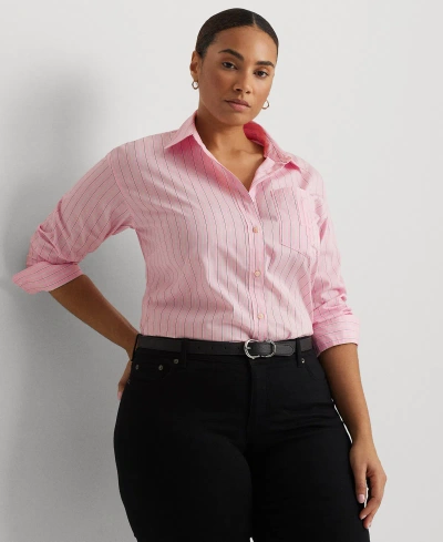 Lauren Ralph Lauren Plus Size Cotton Striped Shirt In Pink,white Multi