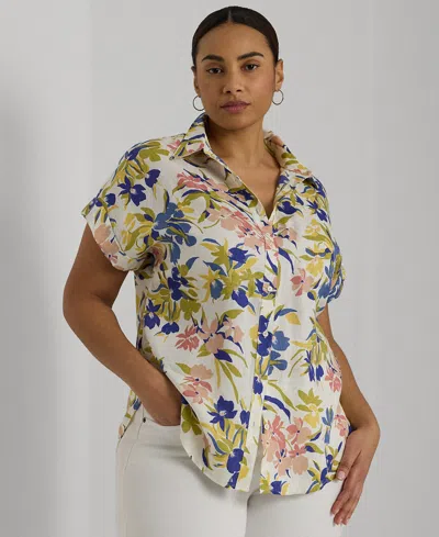 Lauren Ralph Lauren Plus Size Cuffed Short-sleeve Shirt In Cream,blue Multi
