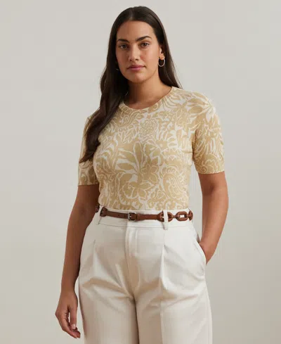 Ralph Lauren Plus Size Floral Cotton-blend Short-sleeve Sweater In Cream Multi