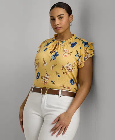Lauren Ralph Lauren Plus Size Floral Flutter-sleeve Top In Yellow