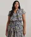 Ralph Lauren Plus Size Floral Ruffle-trim Georgette Dress In Blue Multi