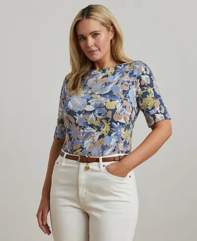 Ralph Lauren Plus Size Floral Stretch Cotton Boatneck Tee In Blue Multi