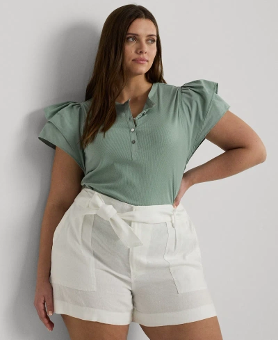 Lauren Ralph Lauren Plus Size Flutter-sleeve Henley Top In Soft Laurel
