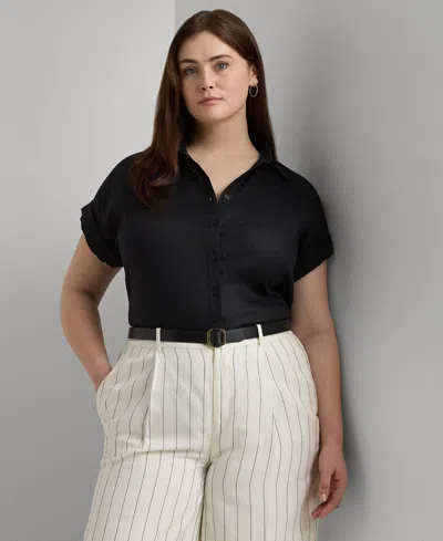 Lauren Ralph Lauren Plus Size Linen Dolman Sleeve Top In Polo Black