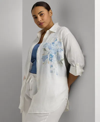 Lauren Ralph Lauren Plus Size Linen Floral Roll-tab Shirt In White