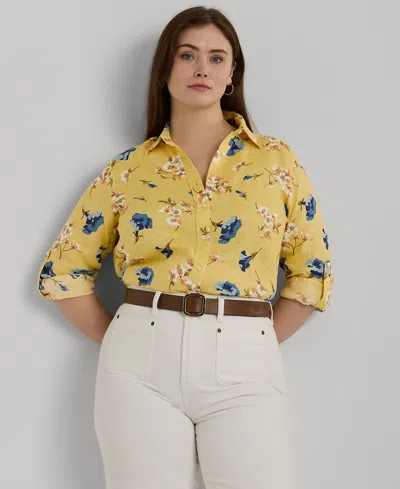 Lauren Ralph Lauren Plus Size Linen Floral Shirt In Yellow