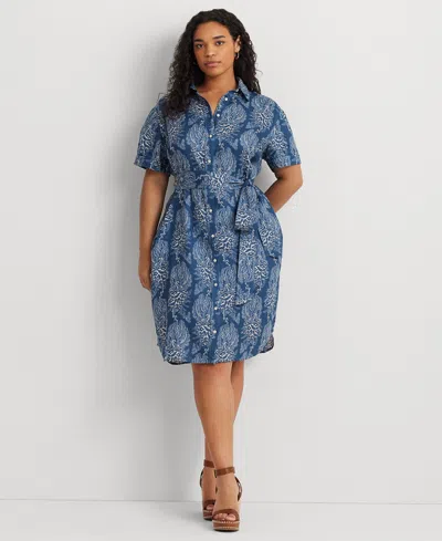 Lauren Ralph Lauren Plus Size Linen Floral Shirtdress In Blue