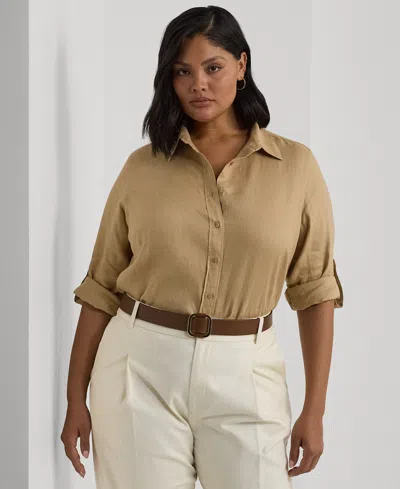 Ralph Lauren Plus Size Linen Roll-tab Sleeve Top In Birch Tan