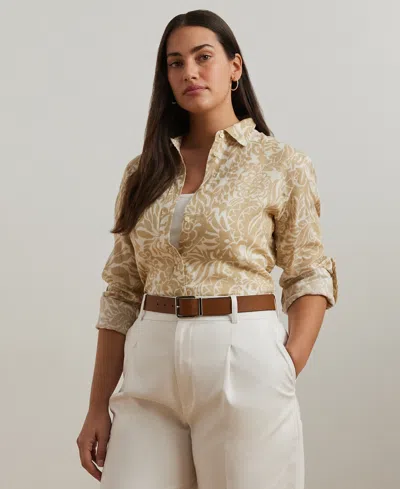 Ralph Lauren Plus Size Linen Roll-tab Shirt In Cream Tan