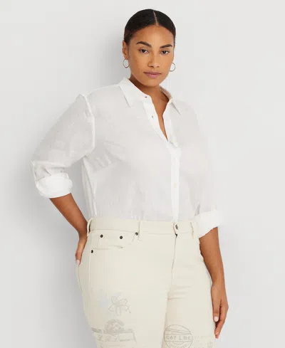 Lauren Ralph Lauren Plus Size Linen Roll-tab Shirt In White