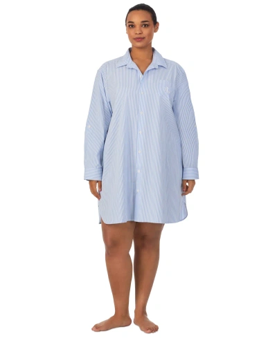 Lauren Ralph Lauren Plus Size Long-sleeve Roll-tab His Shirt Sleepshirt In Blue Stripe