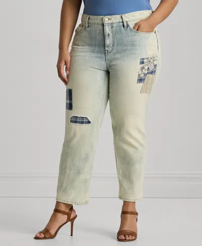 Lauren Ralph Lauren Plus Size Mid-rise Tapered Patchwork Jeans In Belleville Wash