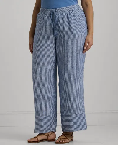 Lauren Ralph Lauren Plus Size Pinstriped Wide-leg Pants In Blue,white