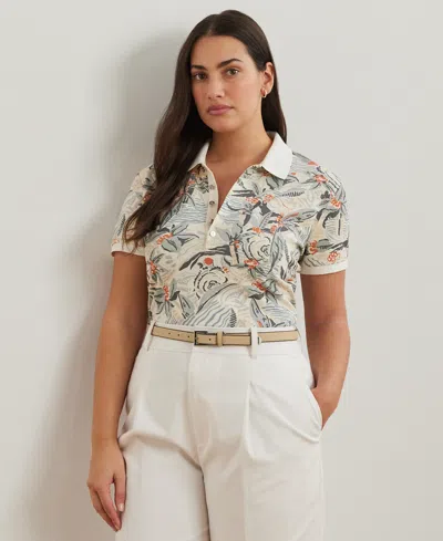 Ralph Lauren Plus Size Print Stretch Pique Polo Shirt In Cream Multi