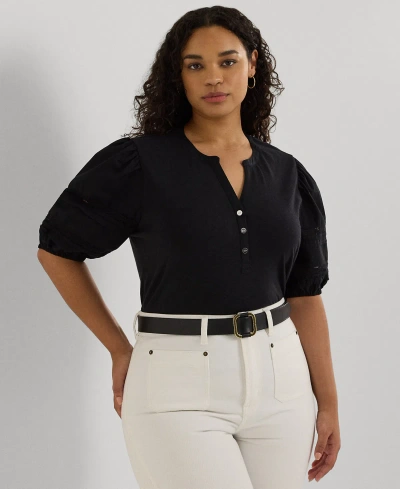 Lauren Ralph Lauren Plus Size Puff-sleeve Henley Top In Black