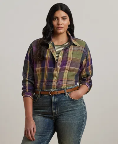 Ralph Lauren Plus Size Relaxed-fit Plaid Linen Shirt In Purple,green Multi
