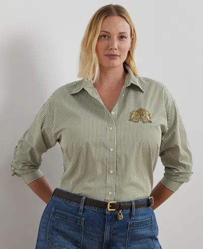 Ralph Lauren Plus Size Relaxed-fit Striped Broadcloth Shirt In Green