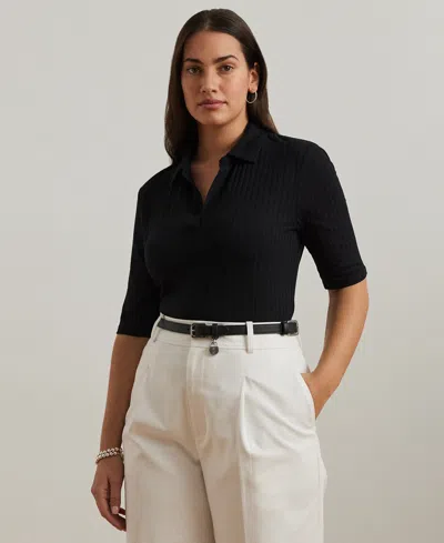 Ralph Lauren Plus Size Rib-knit Elbow-sleeve Polo Tee In Black