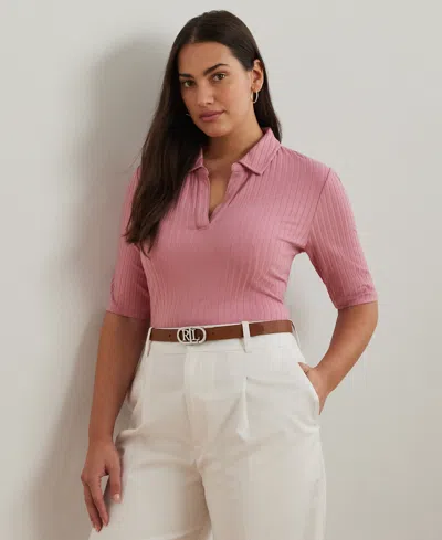 Ralph Lauren Plus Size Rib-knit Elbow-sleeve Polo Tee In Rose Mauve
