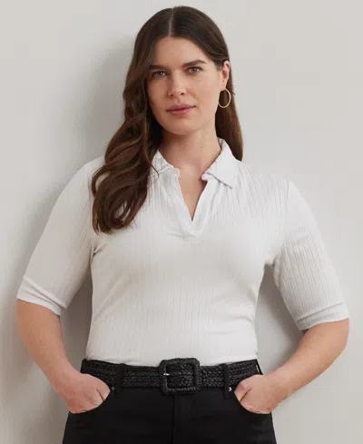 Ralph Lauren Plus Size Rib-knit Elbow-sleeve Polo Tee In White