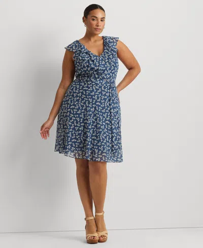 Lauren Ralph Lauren Plus Size Ruffled Floral Fit & Flare Dress In Blue