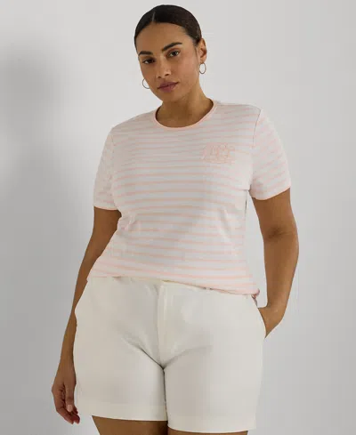 Lauren Ralph Lauren Plus Size Short-sleeve Crewneck Tee In White,pink Opal