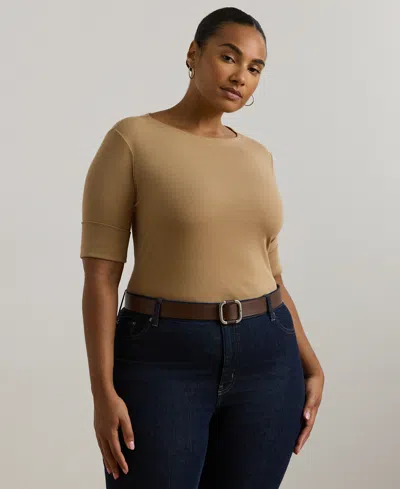 Ralph Lauren Plus Size Stretch Cotton Boatneck Tee In Classic Camel