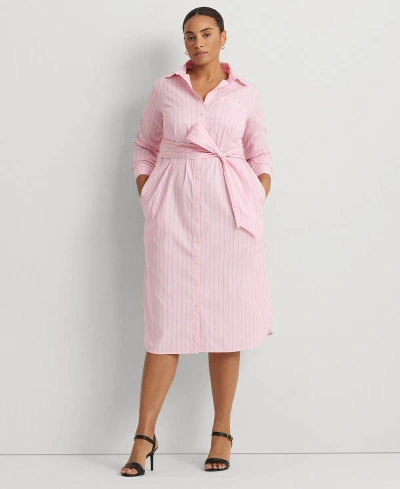 Lauren Ralph Lauren Plus Size Striped Belted Shirtdress In Pink,white Multi