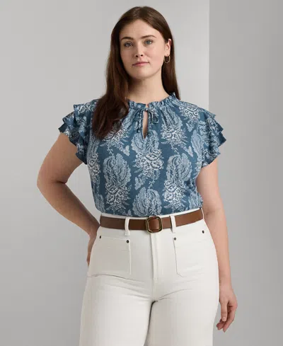 Lauren Ralph Lauren Plus Size Tie-neck Flutter-sleeve Top In Blue,cream