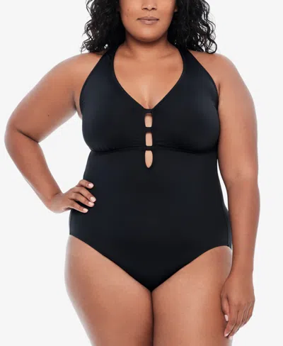 Ralph Lauren Plus Size Tummy-control Shaping Plunge One-piece Swimsuit In Black