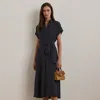 Ralph Lauren Polka-dot Belted Crepe Dress In Navy,cream