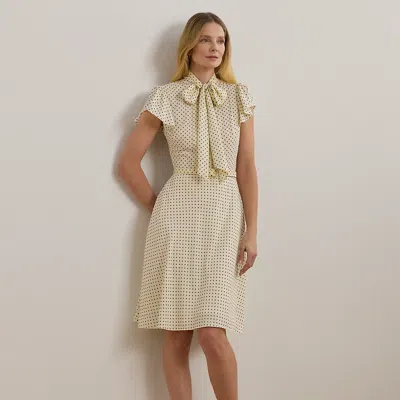 Ralph Lauren Polka-dot Belted Crepe Tie-neck Dress In Cream,black