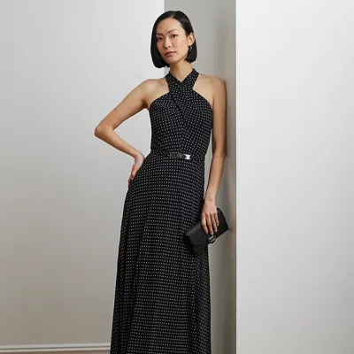 RALPH LAUREN POLKA-DOT BELTED GEORGETTE HALTER GOWN