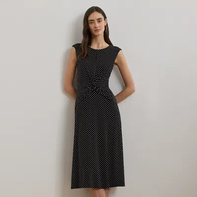 Ralph Lauren Polka-dot Twist-front Jersey Dress In Black,cream
