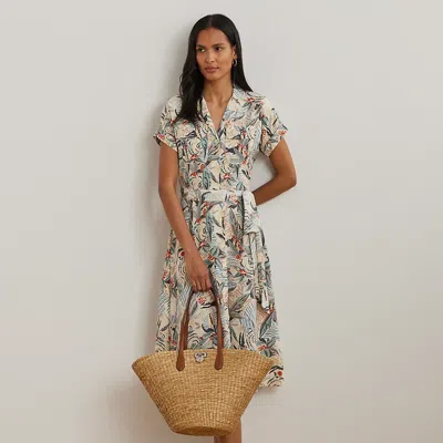 Ralph Lauren Print Belted Crepe Camp Shirtdress In Cream Multi
