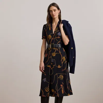 Ralph Lauren Print Belted Georgette Puff-sleeve Dress In Navy Multi