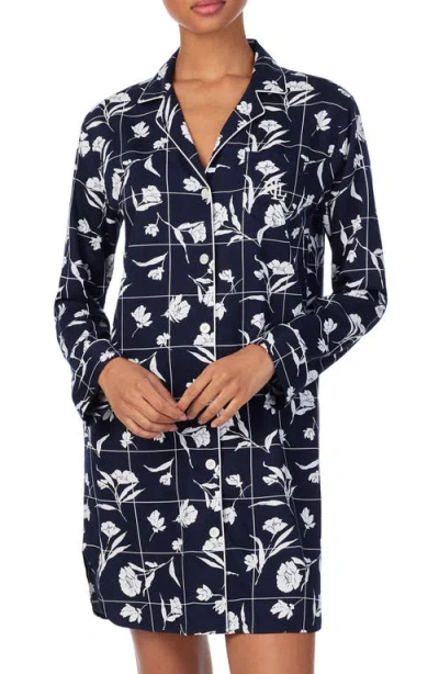 Ralph Lauren Lauren  Print Cotton Blend Sleep Shirt In Navy Print