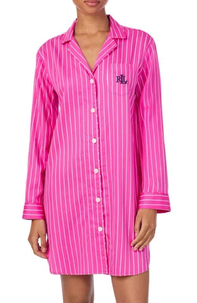 Ralph Lauren Lauren  Print Cotton Blend Sleep Shirt In Pink Stripe
