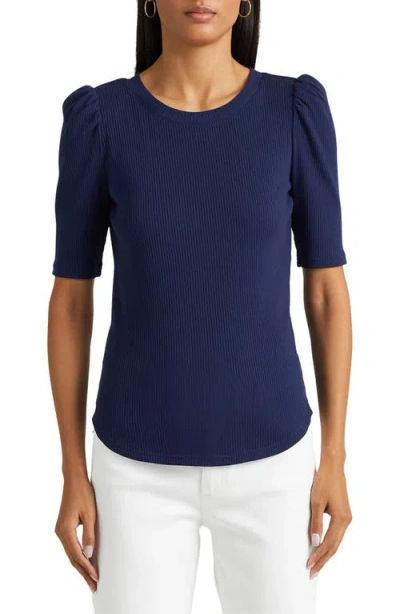 Ralph Lauren Lauren  Puff Sleeve Rib Knit Top In Refined Navy