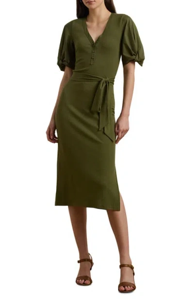 Ralph Lauren Lauren  Puff Sleeve Tie Belt Cotton Blend Dress In Olive Grove