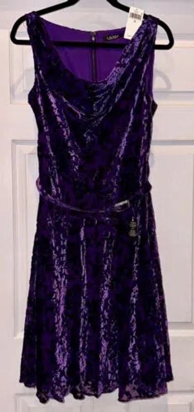 Pre-owned Lauren Ralph Lauren Ralph Lauren Floral Velvet Belted S/l Cowlneck Purple Dress Womens 10 12 14 16