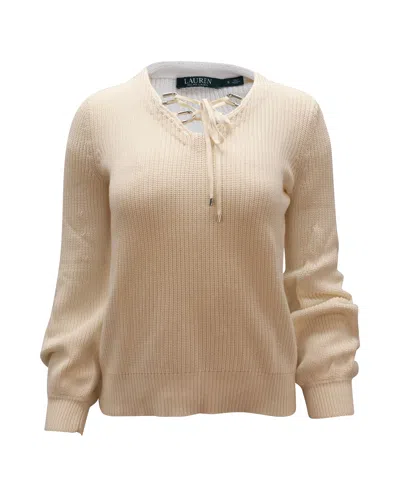 Ralph Lauren Valayna Lace-up V-neck Sweater In Ivory Cotton In White