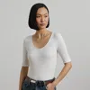 Ralph Lauren Rib-knit Cotton-blend Elbow-sleeve Tee In White