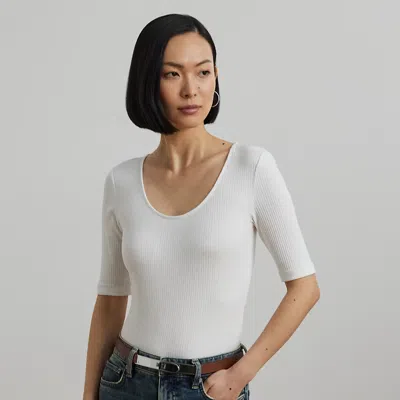 Ralph Lauren Rib-knit Cotton-blend Elbow-sleeve Tee In White