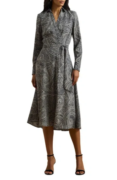 Ralph Lauren Lauren  Paisley Long Sleeve Crêpe De Chine Dress In Navy/cream