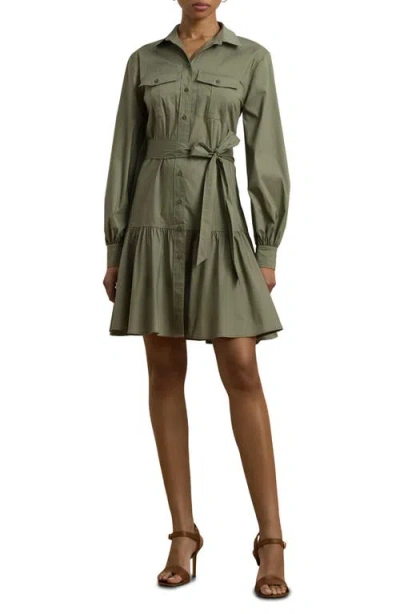Ralph Lauren Lauren  Ruffle Hem Tie Waist Long Sleeve Cotton Blend Shirtdress In Sage Green