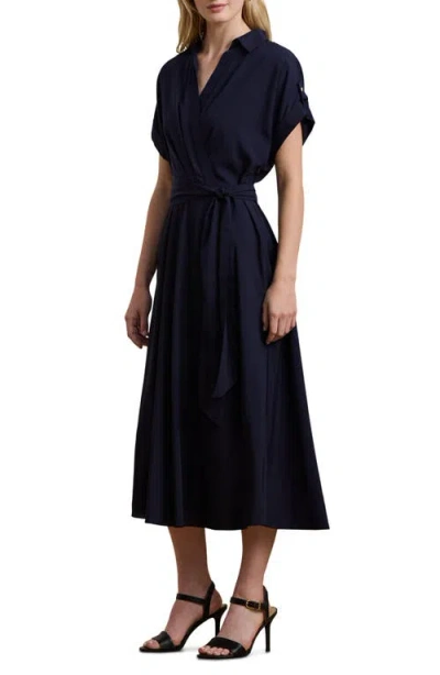 Ralph Lauren Lauren  Short Sleeve Crepe Faux Wrap Dress In Lighthouse Navy