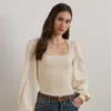Ralph Lauren Smocked Jersey Blouson-sleeve Top In Mascarpone Cream