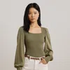 Ralph Lauren Smocked Jersey Blouson-sleeve Top In Sage Green